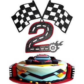Racing Car 2nd Birthday Cake Topper- Checkered Flag, Racing Track, Fire Wheel Cake Decoration Set for Kid's 2 Years old Sporty Car Birthday Party Supply