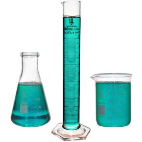 Beaker, Flask, Cylinder Set, 3.3 Boro. Glass - 3 Pieces - 250ml Beaker, 250ml Flask and 100ml Cylinder, Karter Scientific 214Z2