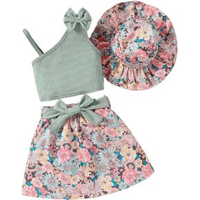 MakeMeChic Girl's Summer 3 Piece Outfits Asymmetrical Neck Bow Knot Knitted Cami Top and Floral Print Belted Skirt with Hat