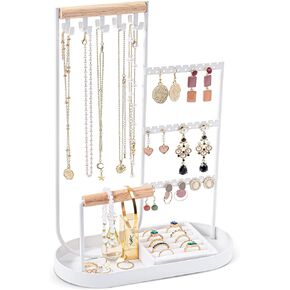 ProCase Jewelry Organizer Jewelry Holder Jewelry Stand with Velvet Ring Tray and Study Metal Frame, Necklace Holder Organizer Bracelet Display Storage Rack for Studs Rings -White