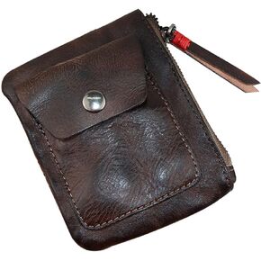 Leather Coin Purse Wallet- Mini Pocket Wallet -Zipper Coin Organizer-Change Holder Leather Zipper Storage Bag for Men and Women (Dark coffee)