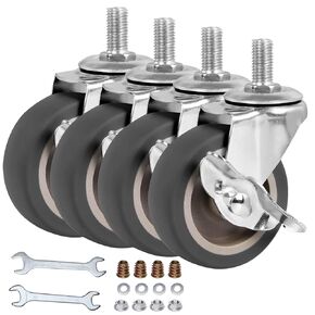 Caster Wheels, 3 Inch Stem Casters Set of 4, Heavy Duty Swivel Wheel with Brake, Metric Size M8-1.25-15 (Screw Diameter 8mm, Screw Length 15mm) Casters for Workbench Trolley, Furniture Dolly