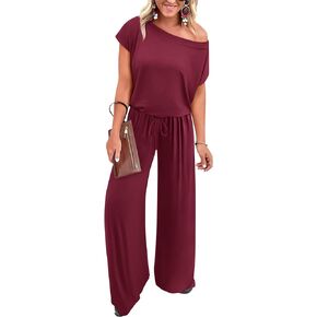 KIRUNDO Womens Jumpsuit 2024 Casual Summer Loose One Piece Off Shoulder Elastic Waist Wide Leg Long Romper with Pockets