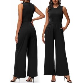 Tanou Women's Sleeveless Empire Waist Jumpsuits Dressy Casual One Piece Outfits Wide Leg Pants Rompers With Pockets