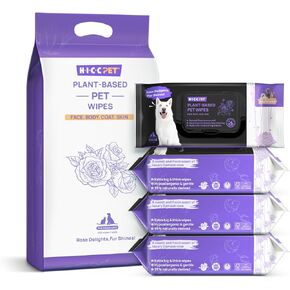 HICC PET Cleaning Deodorizing Wipes for Dogs & Cats, Vet Recommended Nourishes Smoothes Fur Pet Grooming Wipes with Fermented Coconut Oil, Hypoallergenic Dog Wipes for Paws and Butt, Face, Body