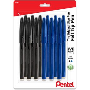 Pentel Sign Pen - Felt Tip Pens - Fiber-tipped - Pack of 6 Black Felt Tip Pens with 6 Blue Felt Pens (12 Pack) - 0.8mm Medium Point Marker Pens