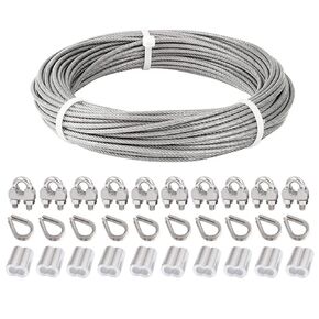 1/8’’ Stainless Steel Wire Rope Kit, 82ft Trellis Wire, Clothesline with 10pcs Loop Sleeves, 10pcs Thimbles, and 10pcs Cable Clamps for Railing, Outdoor, Crafts