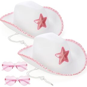 2 Pack White Cowgirl Hat with Heart Sunglasses, Cowboy Hat with Pink Sequin Star, Preppy Cow Girl Costume Accessories with Adjustable Neck Draw String for Women, Halloween, Dress Up Party