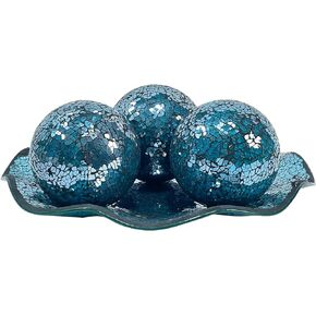 Blue Glass Balls Set and Decorative Balls of 4 for Bowls for Victorian Decor.Mosaic Tray with Mosaic Balls for Home Decor Centerpiece Turquoise Decor