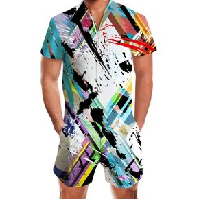 UNIFACO Mens Romper 3D Printed One Piece Zipper Jumpsuit Summer Beach Overall Short Sleeve Outfits with Pocket