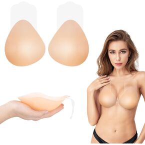 Sticky Bras Adhesive Bra 2 Pairs Invisible Push Up Sticky Bra Backless Silicone Bras Washable(D Cup) Creme