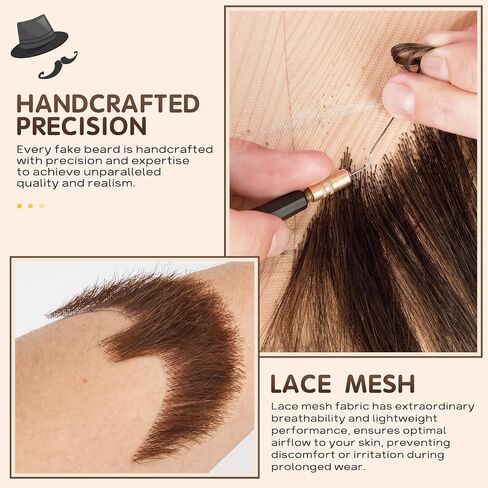 لحية وهمية، شارب مزيف، لحية وهمية واقعية 100% شعر بشري كامل اليد، لحية صغيرة مربوطة، لحى كاذبة، دانتيل، شارب مزيف غير مرئي لملابس الهالوين للرجال، مكياج الترفيه/الدراما/الحفلة/الفيلم in Saudi Arabia