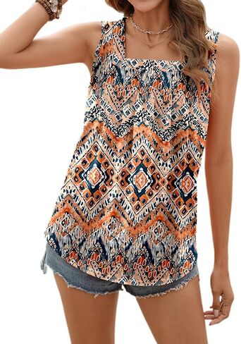 قمصان Ladlop صيفية برقبة مربعة للنساء ذات ثنيات وفضفاضة كاجوال بدون أكمام، قمصان انسيابية in Kuwait