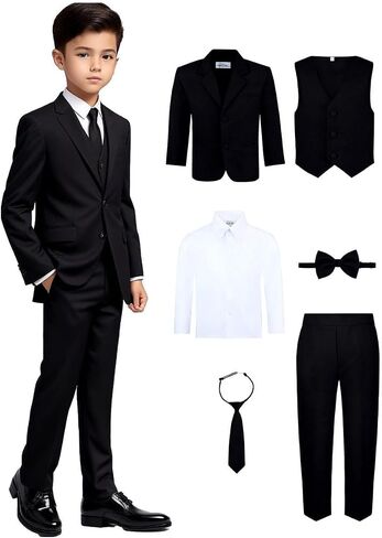Boy's 6-Piece Formal Suit Set – Includes Suit Jacket, Comfort Waist Dress Pants, Vest, Dress Shirt, Necktie & Bow Tie in Saudi Arabia