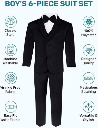 Boy's 6-Piece Formal Suit Set – Includes Suit Jacket, Comfort Waist Dress Pants, Vest, Dress Shirt, Necktie & Bow Tie in Saudi Arabia