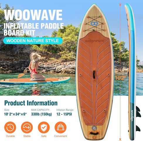 لوح تجديف قابل للنفخ مقاس 10'2×34×6 بوصة، لوح تجديف عريض ومضاد للانزلاق مع ملحقات متينة بما في ذلك المضخة، مجداف قابل للتعديل من 3 قطع، مقود سفلي للبالغين والشباب in Kuwait