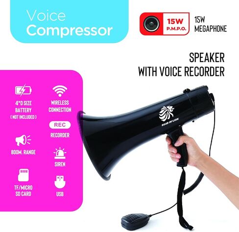 Bullhorn Megaphone with Siren & Volume Control/Recorder - Waterproof 15W Reliable and Consistent Performance, 200-sec Voice Recording with Maximum Range 1093Yards in Saudi Arabia