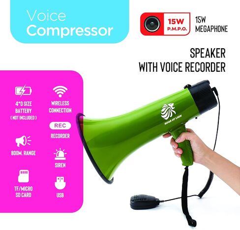 Bullhorn Megaphone with Siren & Volume Control/Recorder - Waterproof 15W Reliable and Consistent Performance, 200-sec Voice Recording with Maximum Range 1093Yards in Saudi Arabia