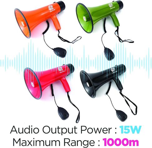 Bullhorn Megaphone with Siren & Volume Control/Recorder - Waterproof 15W Reliable and Consistent Performance, 200-sec Voice Recording with Maximum Range 1093Yards in Saudi Arabia