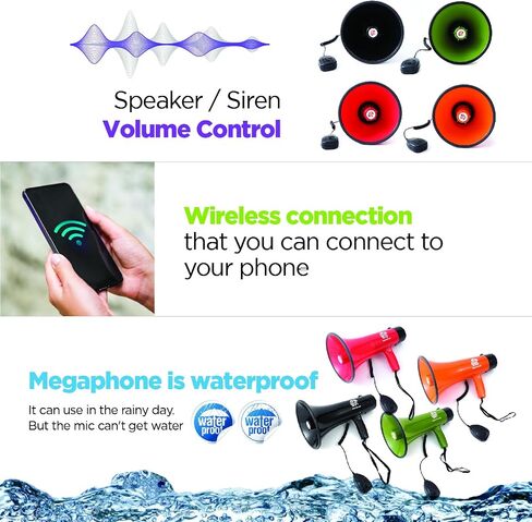 Bullhorn Megaphone with Siren & Volume Control/Recorder - Waterproof 15W Reliable and Consistent Performance, 200-sec Voice Recording with Maximum Range 1093Yards in Saudi Arabia