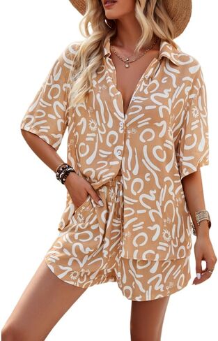 Sulozom Women's 2 Piece Beach Outfits Button Down Short Sleeve Shirts and High Waist Shorts Lounge Sets Casual Tracksuit Set in Kuwait