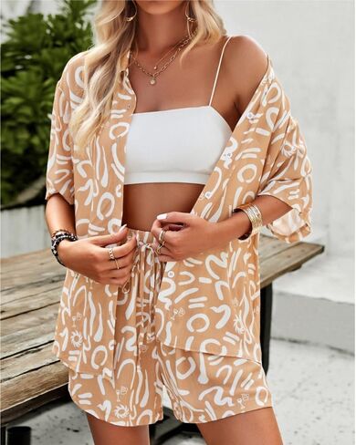 Sulozom Women's 2 Piece Beach Outfits Button Down Short Sleeve Shirts and High Waist Shorts Lounge Sets Casual Tracksuit Set in Kuwait