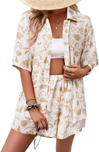 Sulozom Women's 2 Piece Beach Outfits Button Down Short Sleeve Shirts and High Waist Shorts Lounge Sets Casual Tracksuit Set in Kuwait