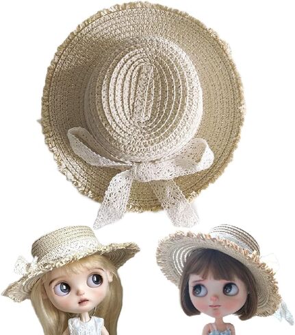 قبعات صغيرة من القش للحرف اليدوية، مناسبة للدمى والحرف اليدوية، قبعة لطيفة ورائعة من القش مع إكسسوارات تزيين بشريط من الدانتيل لمجموعة دميتك (اللون 1) in Kuwait