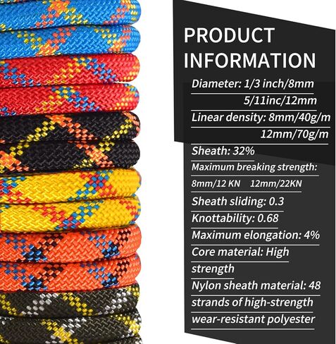 Outdoor Climbing Rope 8MM/12MM 6 Colors 1M(3.2ft)-70M(230ft), Static Rock Climbing Rope with 2 Steel Hooks, Rappelling Rope for Outdoor, Hiking Safety Escape Rope, Rescue Parachute (Black, 8mm-1m) in Saudi Arabia
