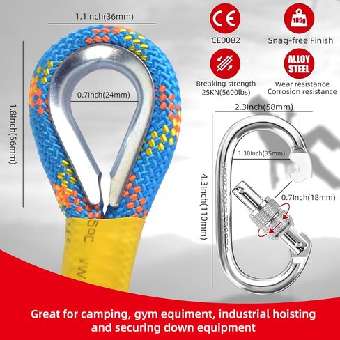 Outdoor Climbing Rope 8MM/12MM 6 Colors 1M(3.2ft)-70M(230ft), Static Rock Climbing Rope with 2 Steel Hooks, Rappelling Rope for Outdoor, Hiking Safety Escape Rope, Rescue Parachute (Black, 8mm-1m) in Saudi Arabia