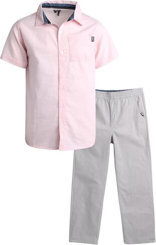 DKNY Boys' Pants Set -2 Piece Woven Short Sleeve Button Down Shirt and Flat Front Pants - Matching Outfit Set for Boys (8-12) in Saudi Arabia