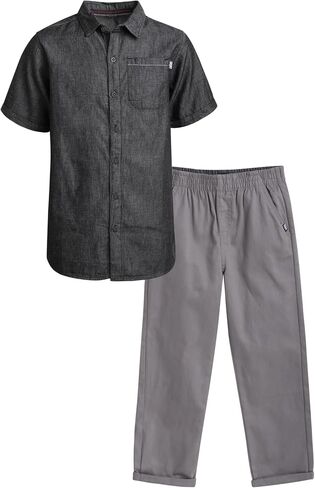 DKNY Boys' Pants Set -2 Piece Woven Short Sleeve Button Down Shirt and Flat Front Pants - Matching Outfit Set for Boys (8-12) in Saudi Arabia