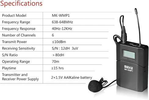 ميكروفون MEKE MK-WMP1 UHF متعدد الاتجاهات Lavalier مع 6 قنوات متوافق مع كاميرات الفيديو Sony أو DSLRs الأخرى in Kuwait