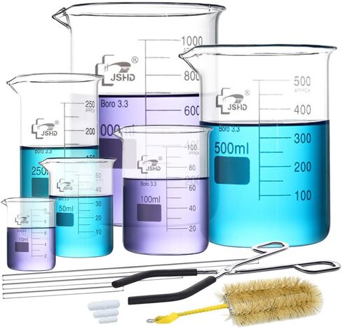6PCS Glass Measuring Beaker Set with Steel Chromed Beaker Tongs, 50ml 100ml 250ml 500ml 1000ml Graduated Beakers, 3.3 Borosilicate Glass in Kuwait