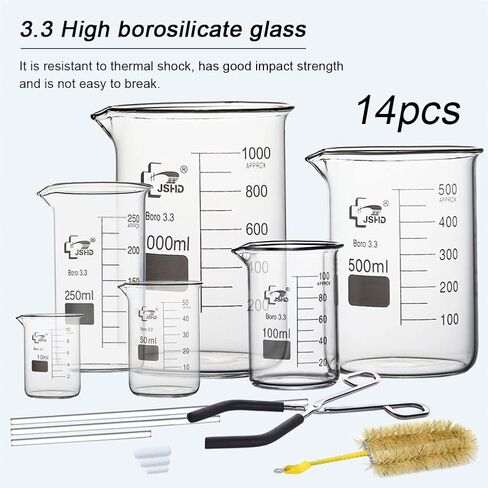 6PCS Glass Measuring Beaker Set with Steel Chromed Beaker Tongs, 50ml 100ml 250ml 500ml 1000ml Graduated Beakers, 3.3 Borosilicate Glass in Kuwait
