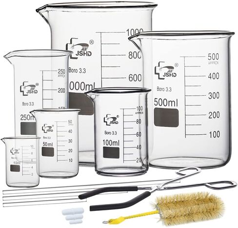 6PCS Glass Measuring Beaker Set with Steel Chromed Beaker Tongs, 50ml 100ml 250ml 500ml 1000ml Graduated Beakers, 3.3 Borosilicate Glass in Kuwait