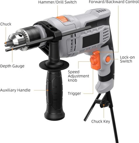 مثقاب كهربائي 850 وات، مثقاب مطرقي 7 أمبير، مثقاب مطرقي كهربائي 1/2 بوصة مع 3000 دورة في الدقيقة، سرعة متغيرة، 10 رؤوس مثقاب، للأرضيات الخرسانية والجدران والطوب والحجر in Kuwait