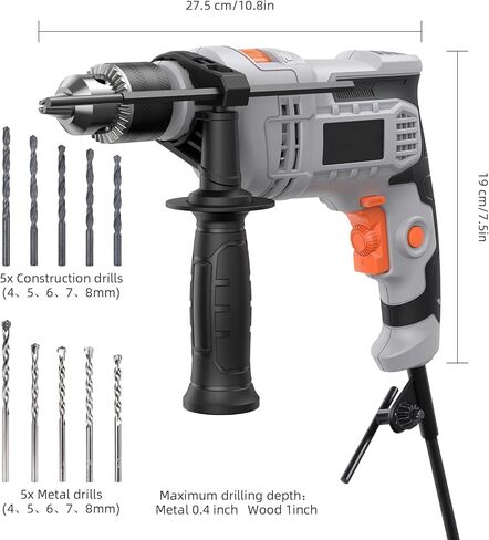 مثقاب كهربائي 850 وات، مثقاب مطرقي 7 أمبير، مثقاب مطرقي كهربائي 1/2 بوصة مع 3000 دورة في الدقيقة، سرعة متغيرة، 10 رؤوس مثقاب، للأرضيات الخرسانية والجدران والطوب والحجر in Kuwait