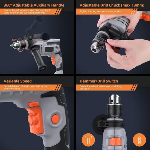 مثقاب كهربائي 850 وات، مثقاب مطرقي 7 أمبير، مثقاب مطرقي كهربائي 1/2 بوصة مع 3000 دورة في الدقيقة، سرعة متغيرة، 10 رؤوس مثقاب، للأرضيات الخرسانية والجدران والطوب والحجر in Kuwait