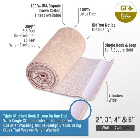 Premium Elastic Bandage Wrap (4" Wide, 2 Pack) - Made of USA Grown Cotton - Hook & Loop Fastener at One End - GT Latex Free Hypoallergenic Compression Roll for Sprains & Injuries in Saudi Arabia