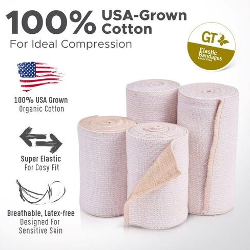 Premium Elastic Bandage Wrap (4" Wide, 2 Pack) - Made of USA Grown Cotton - Hook & Loop Fastener at One End - GT Latex Free Hypoallergenic Compression Roll for Sprains & Injuries in Saudi Arabia