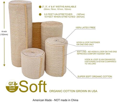 Premium Elastic Bandage Wrap (4" Wide, 2 Pack) - Made of USA Grown Cotton - Hook & Loop Fastener at One End - GT Latex Free Hypoallergenic Compression Roll for Sprains & Injuries in Saudi Arabia