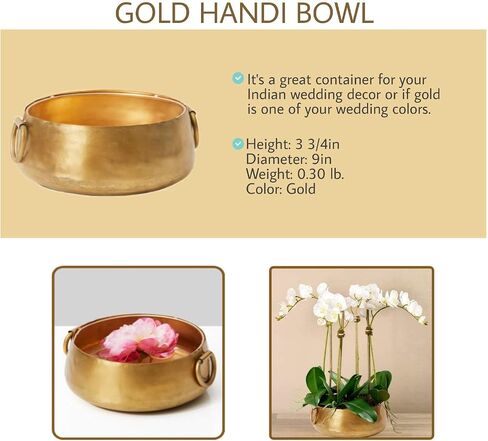 Serene Spaces Living Decorative Gold Iron Handi Bowl with Handle: Large Centerpiece in Traditional Indian Style for Home, Diwali, Potpourri, Single, 3.75" Tall & 9" Diameter in Saudi Arabia