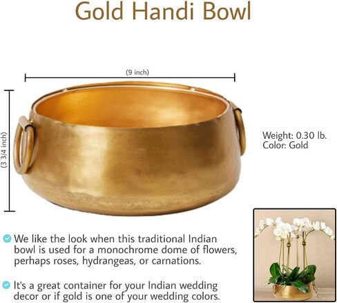 Serene Spaces Living Decorative Gold Iron Handi Bowl with Handle: Large Centerpiece in Traditional Indian Style for Home, Diwali, Potpourri, Single, 3.75" Tall & 9" Diameter in Saudi Arabia
