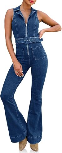 PLNOTME Womens Flare Denim Jumpsuits Cute Slim Fit Sleeveless V Neck Zip Up Jeans Long Pant Rompers in Saudi Arabia