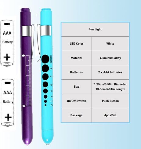 4 عبوات من مصابيح القلم، مصابيح LED قابلة لإعادة الاستخدام مع مقياس للتلميذ ومسطرة، شعلة بيضاء للممرضات والأطباء والطلاب (أخضر مخضر + وردي شاحب + ذهبي وردي + فضي) in Kuwait