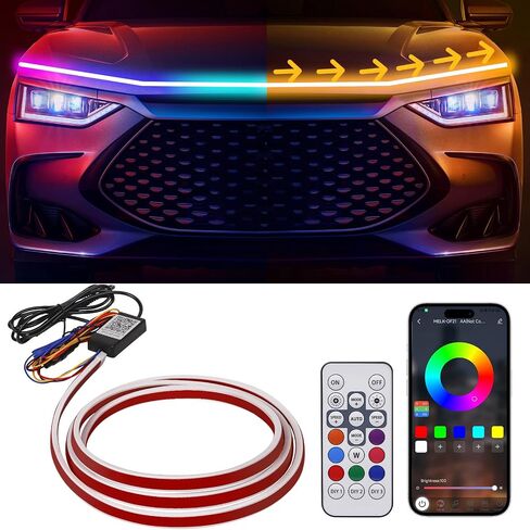 RGB Car Hood Light Strip, 70 Inches Dynamic LED Daytime Running Lights, Multicolor Dynamic Scan Start Up Sequential Turn Signal Lights for Car, Truck, SUV - App Control and Waterproof in Saudi Arabia