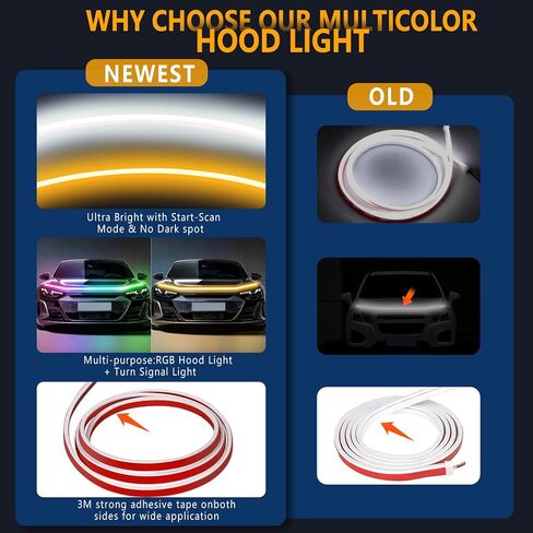 RGB Car Hood Light Strip, 70 Inches Dynamic LED Daytime Running Lights, Multicolor Dynamic Scan Start Up Sequential Turn Signal Lights for Car, Truck, SUV - App Control and Waterproof in Saudi Arabia