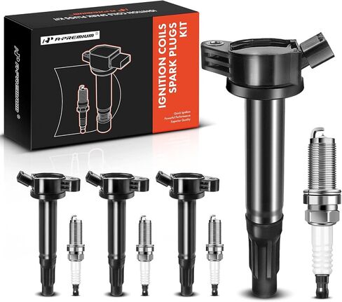 مجموعة A-Premium مكونة من 4 ملفات إشعال وشمعات إشعال إيريديوم متوافقة مع تويوتا كامري كورولا هايلاندر ماتريكس RAV4 سولارا وسيون tC xB ولكزس HS250h وبونتياك فيبي، 2.4 لتر in Kuwait