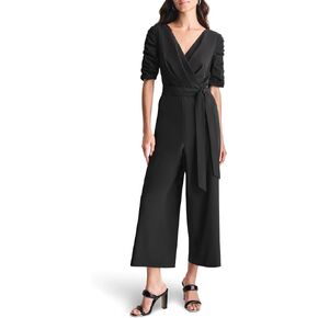 DKNY womens Ruched Short Sleeves Surplice Neck Wide Leg Cropped Jumpsuit With Removable Belt in Saudi Arabia